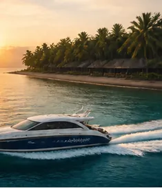 Speedboat crossing calm water at sunset